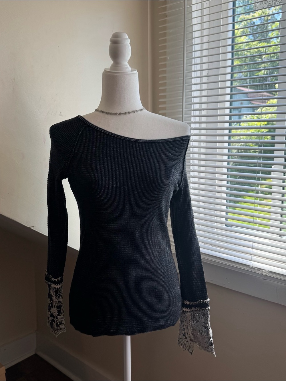 Able Off-Shoulder Black Knit Top with Patterned Bell Cuffs
